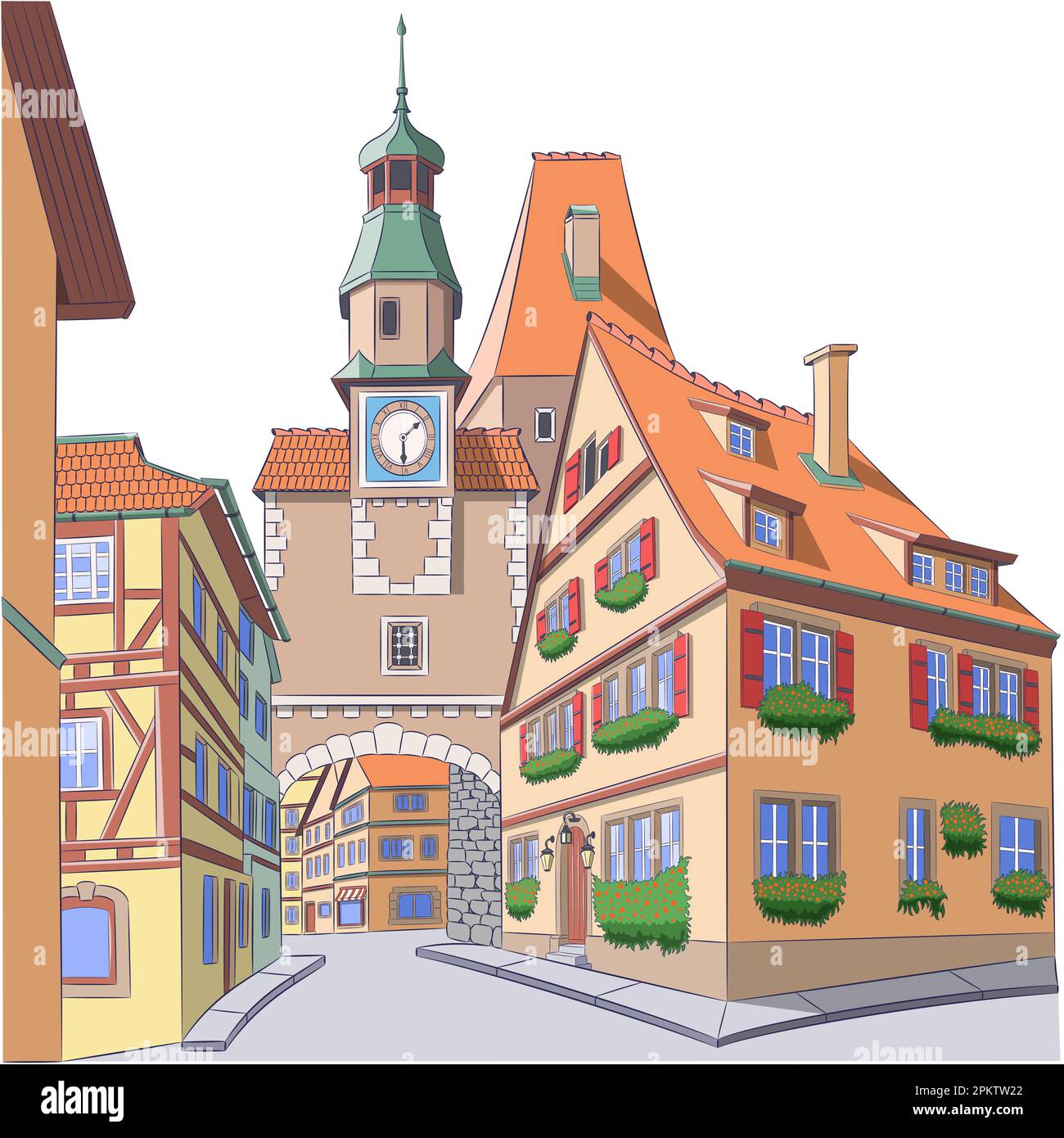Disegno a colori di vecchie case medievali a graticcio e torre dell'orologio della città a Rothenburg ob der Tauber. Germania. Baviera. Illustrazione vettoriale. Illustrazione Vettoriale