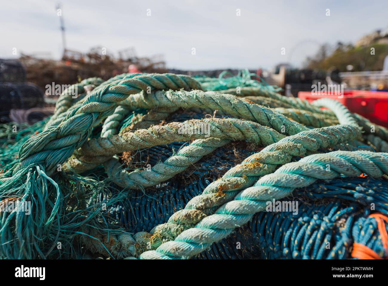 Attrezzatura da pesca. Attrezzature per la pesca nautica. Sfondo del porto marino. Pesce fresco. Foto Stock