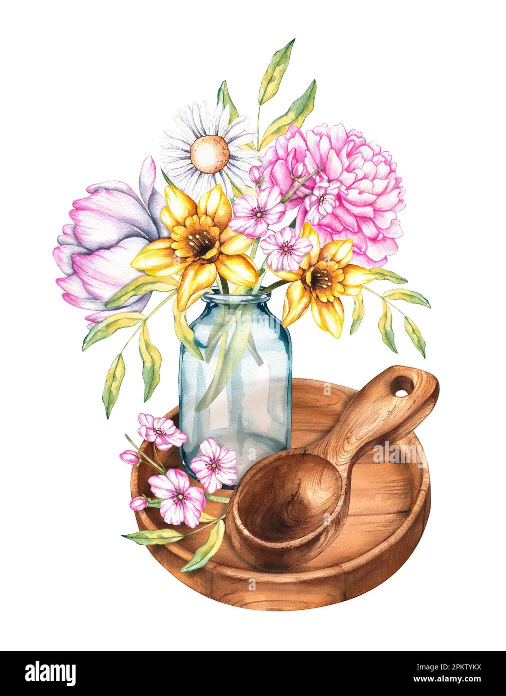 Bouquet di fiori acquerello in vaso di vetro con cucchiaio di legno su vassoio di legno su fondo bianco. Illustrazione isolata per la decorazione della confezione Foto Stock