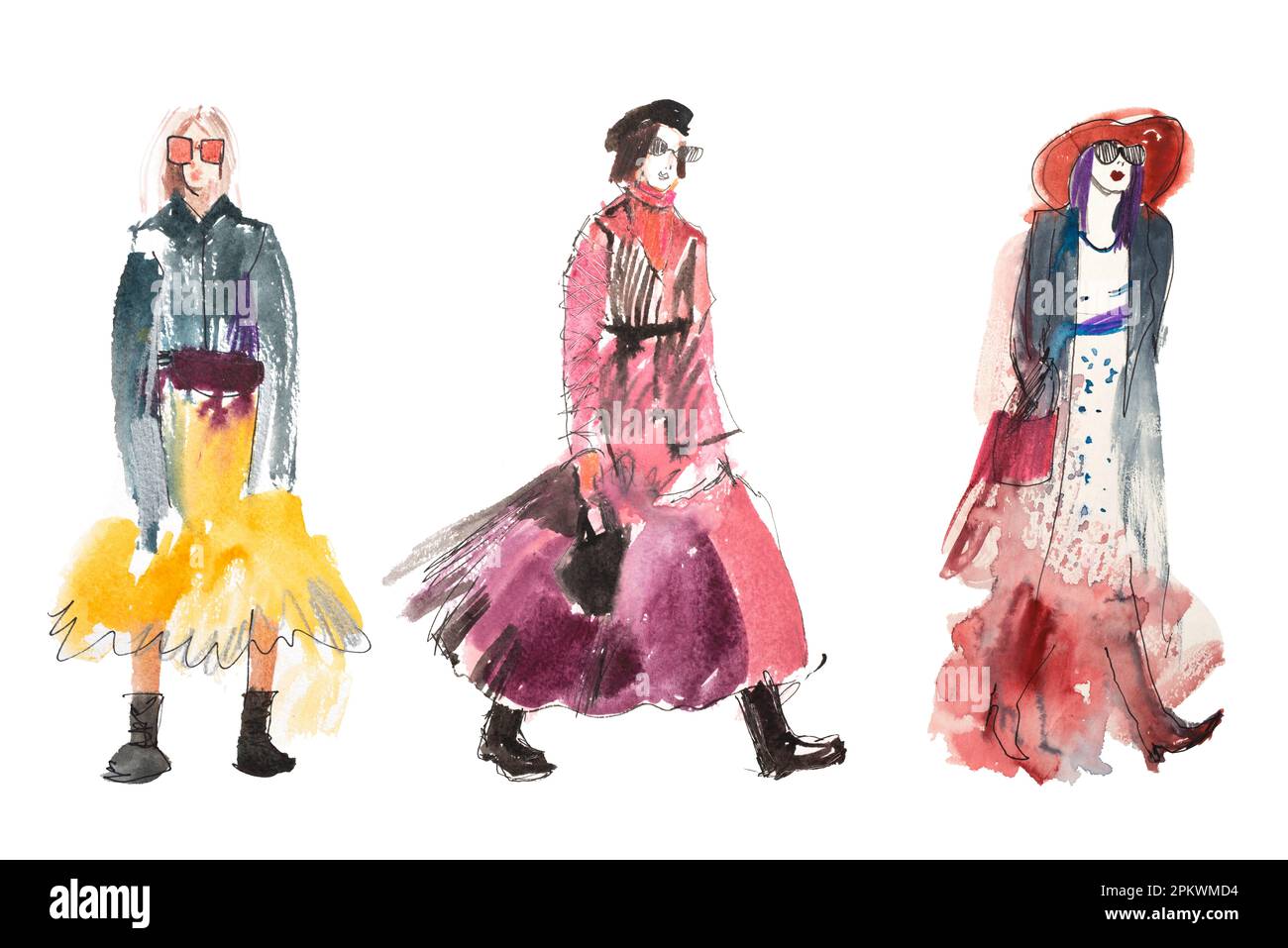 Donne alla moda in abiti illustrazione acquerello. Foto Stock
