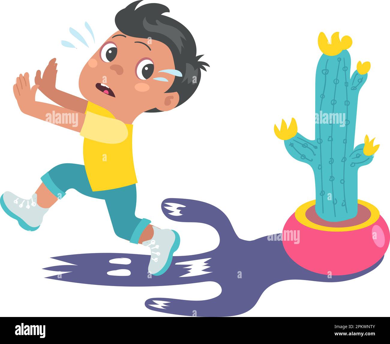 I bambini temono. Il ragazzo spaventato ha paura dell'ombra del cactus. Fobia dei bambini. L'adolescente spaventato che scappa dall'ombra arrabbiata. Ansia immaginazione. Mostro spaventoso Illustrazione Vettoriale