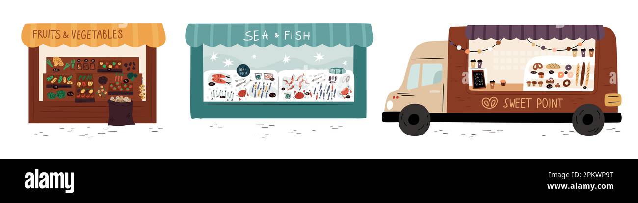 Mercati di strada. Bancarelle fieristici e camion alimentari. Mercato locale. Negozi di pesce e panetteria. Vetrina del negozio di alimentari. Chiosco di frutta e verdura. Pasticceria Illustrazione Vettoriale