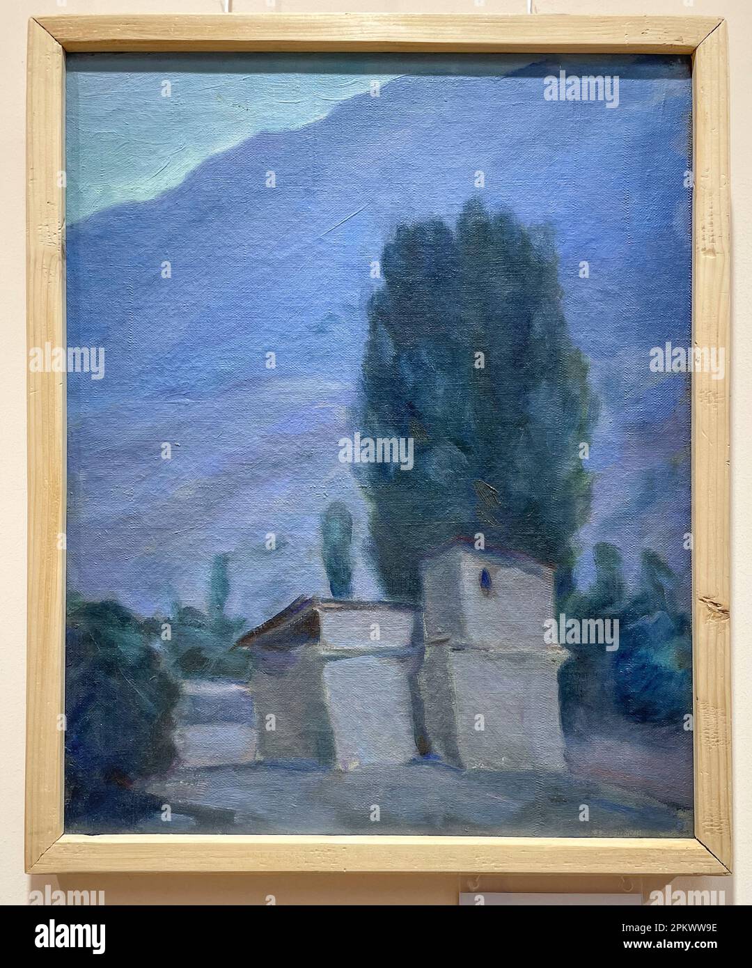 Un dipinto di AF Podkovirov, intitolato, Village in the Mountains. Al Museo Statale delle Arti di Savitsky della Repubblica di Karakalpakstan a Nukus, Uzbeki Foto Stock