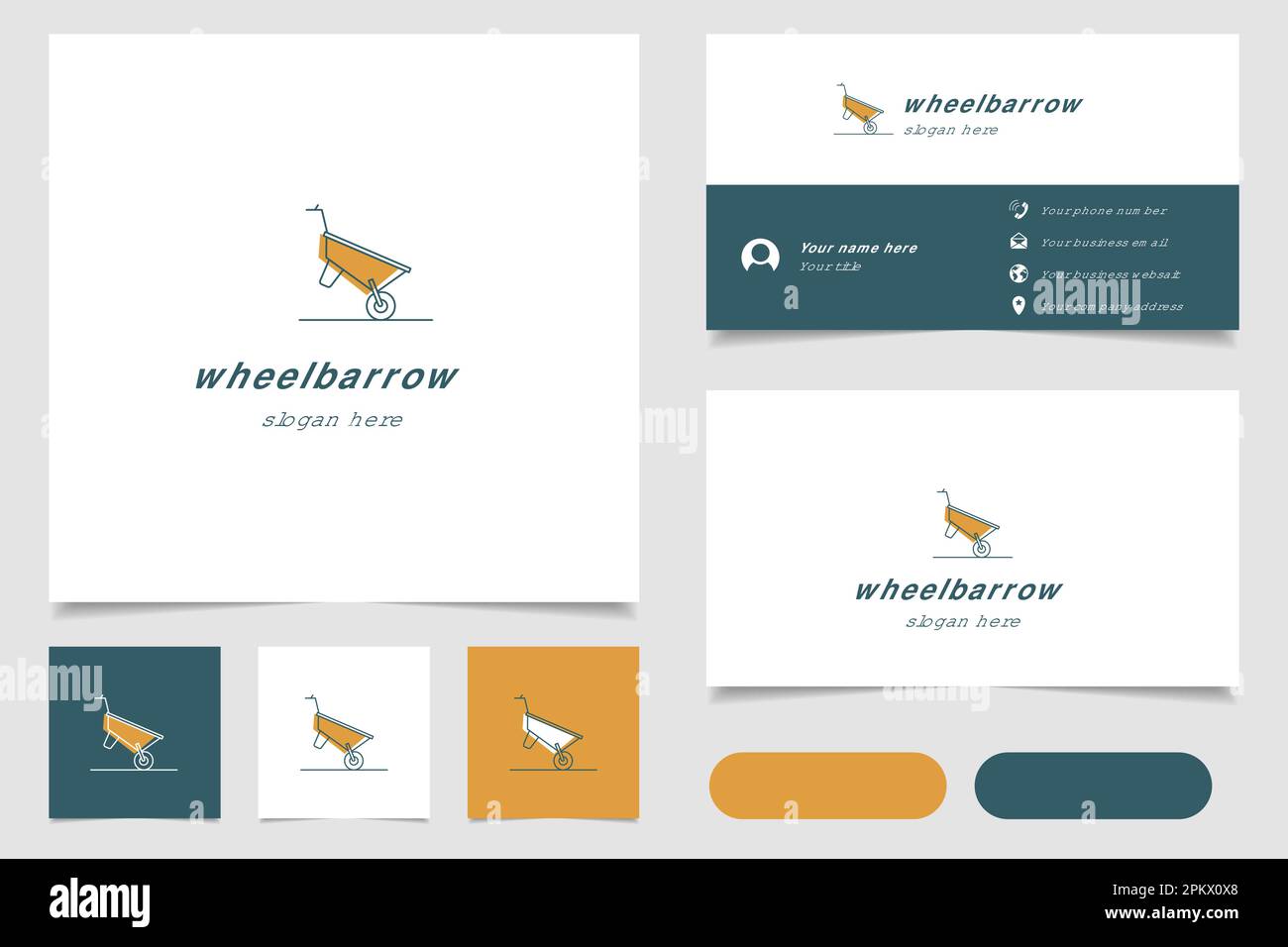 Design con logo a carriola con slogan modificabile. Libro di branding e modello biglietto da visita. Illustrazione Vettoriale