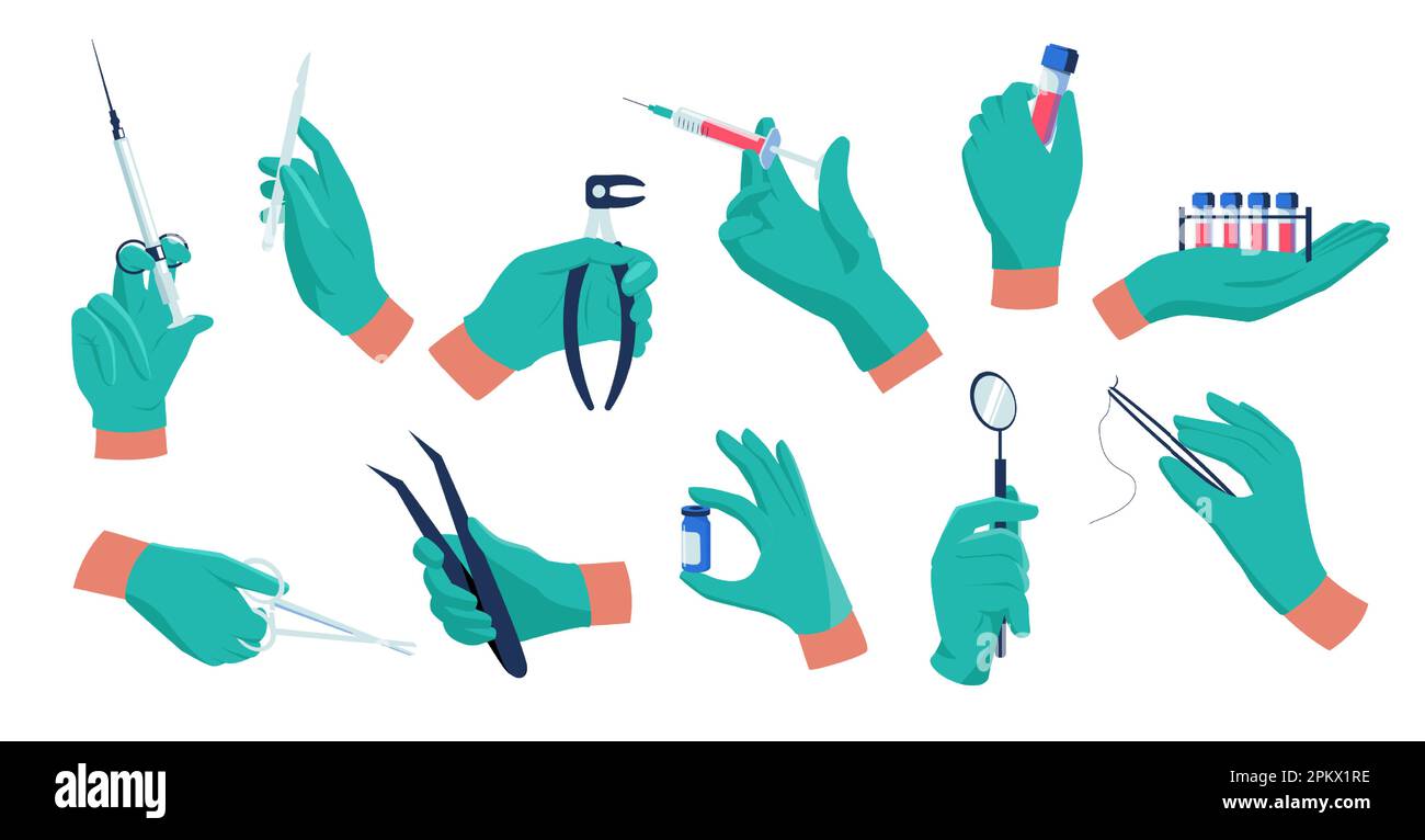 Mani del medico. Operatore medico in guanti di gomma sterili con siringa e strumenti terapeutici, vaccinazione sanitaria concetto di trattamento della malattia. Set vettoriale Illustrazione Vettoriale