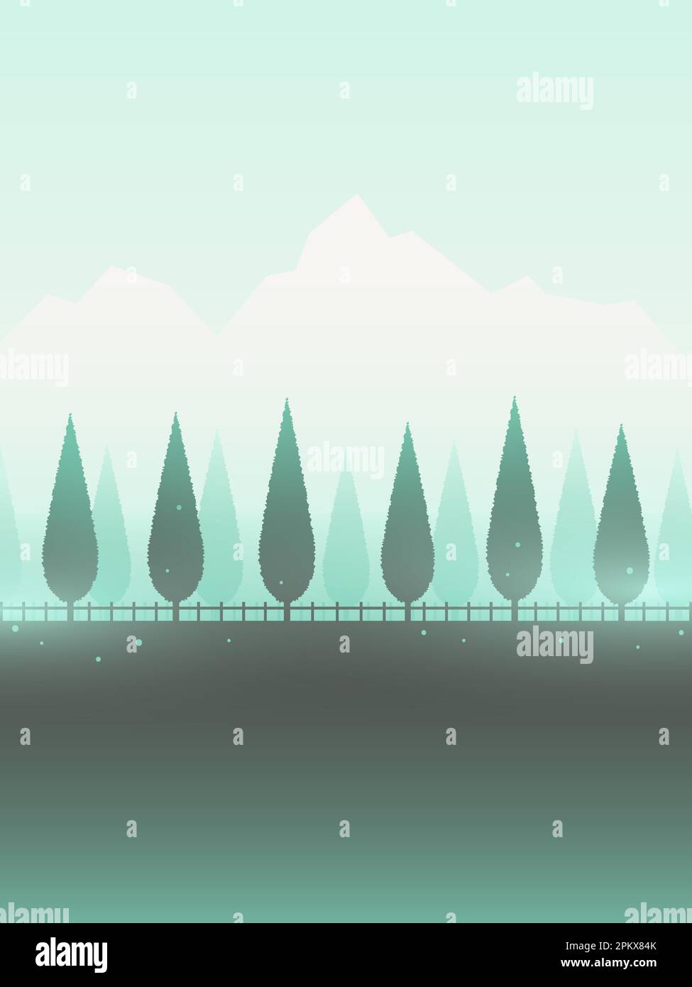 Paesaggio delle Alpi nebbre con strada rurale, alberi a bordo strada, prato verde e montagne. Illustrazione Vettoriale