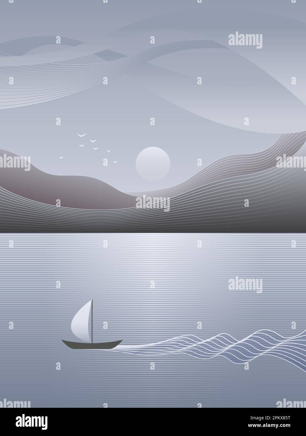 Illustrazione del mare con barca a vela bianca e costa nei colori grigio argento. Illustrazione Vettoriale