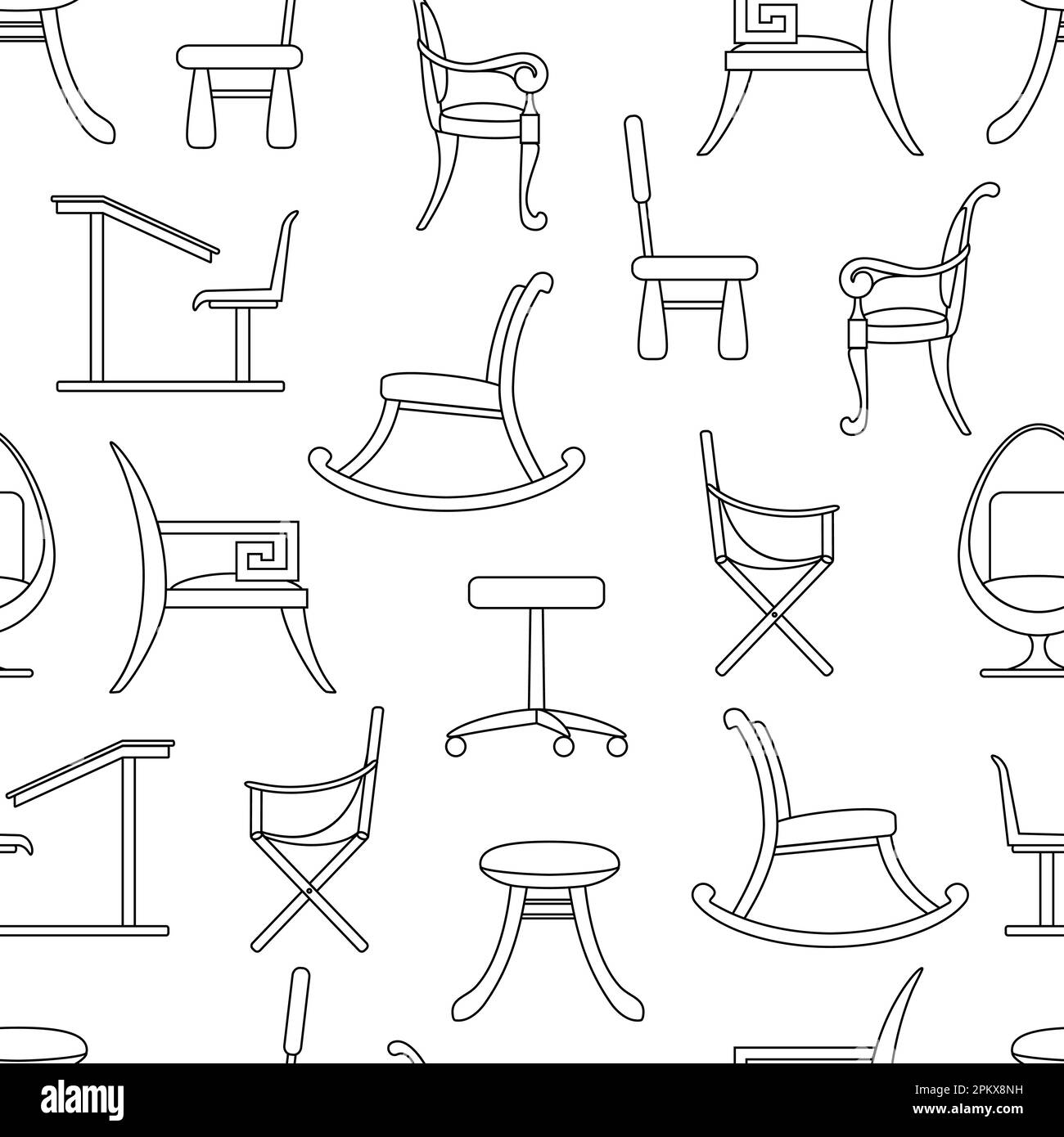 Sedie e poltrone motivo senza cuciture. Delineare gli elementi interni su sfondo bianco. Diversi tipi di poltrona, mobili. Computer, bambini, campeggio Illustrazione Vettoriale