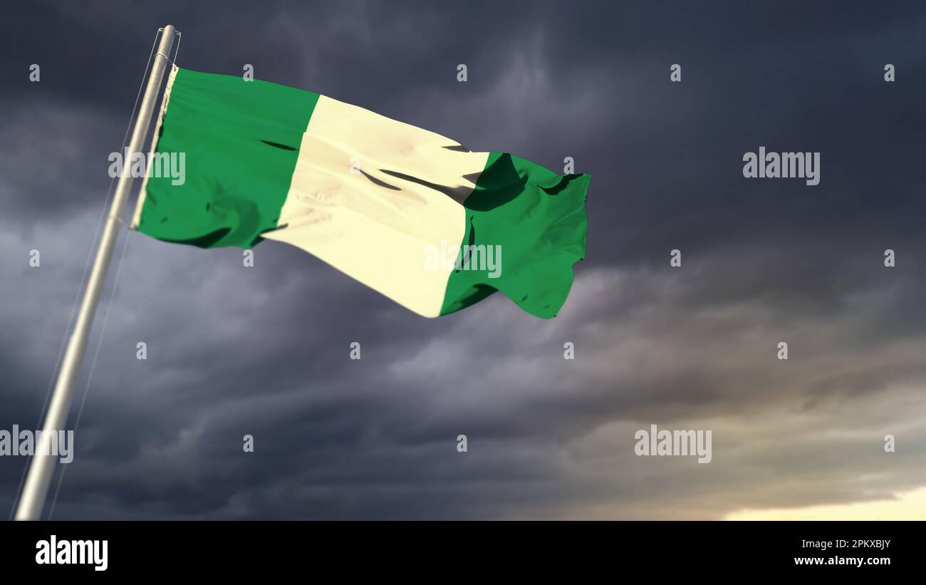 Bella bandiera Nigeria su pesanti nuvole scure bg - astratto 3D illustrazione Foto Stock