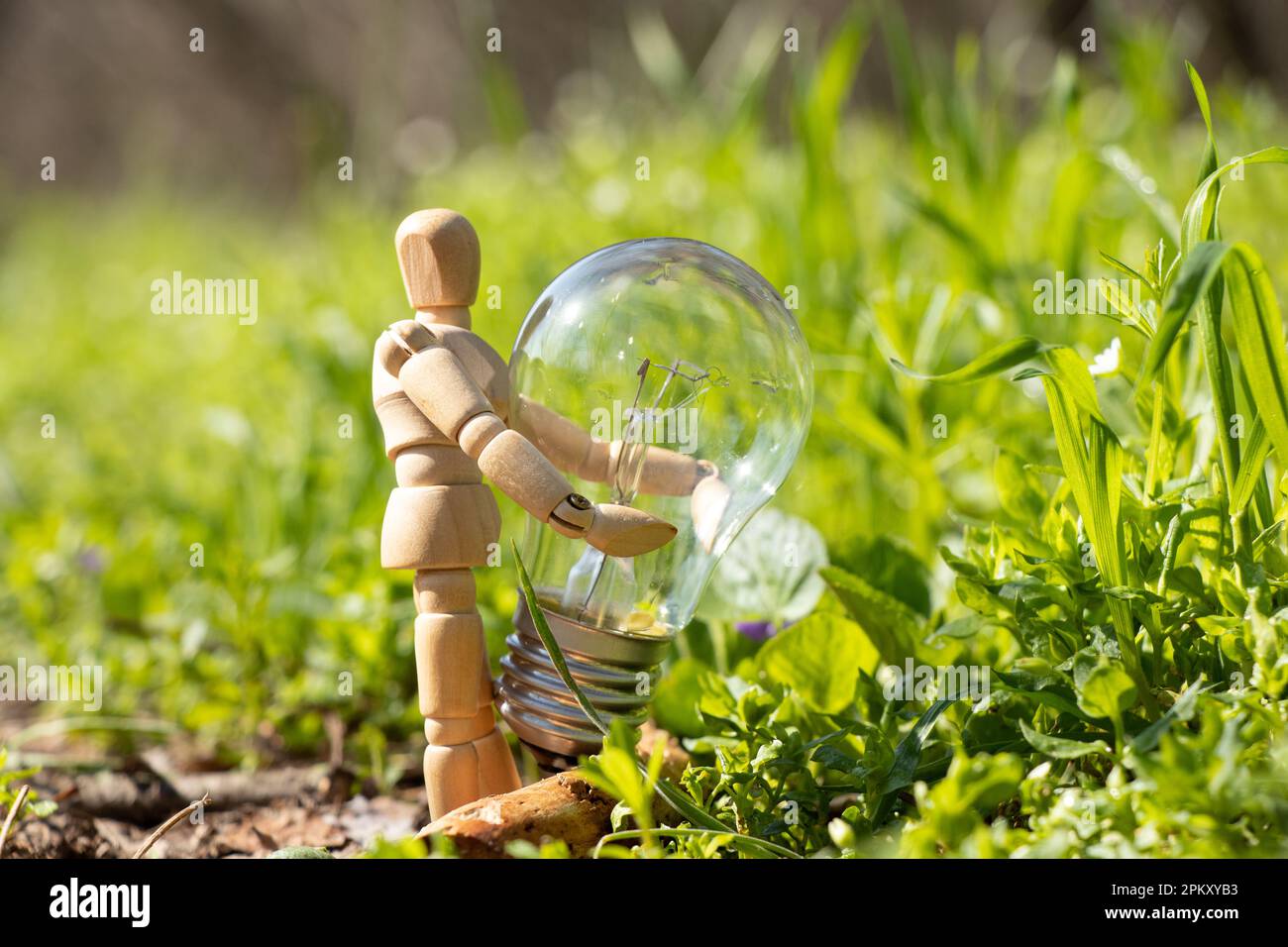 Un piccolo uomo di legno tiene una lampadina incandescente sull'erba nei parchi in Ucraina , elettricità Foto Stock
