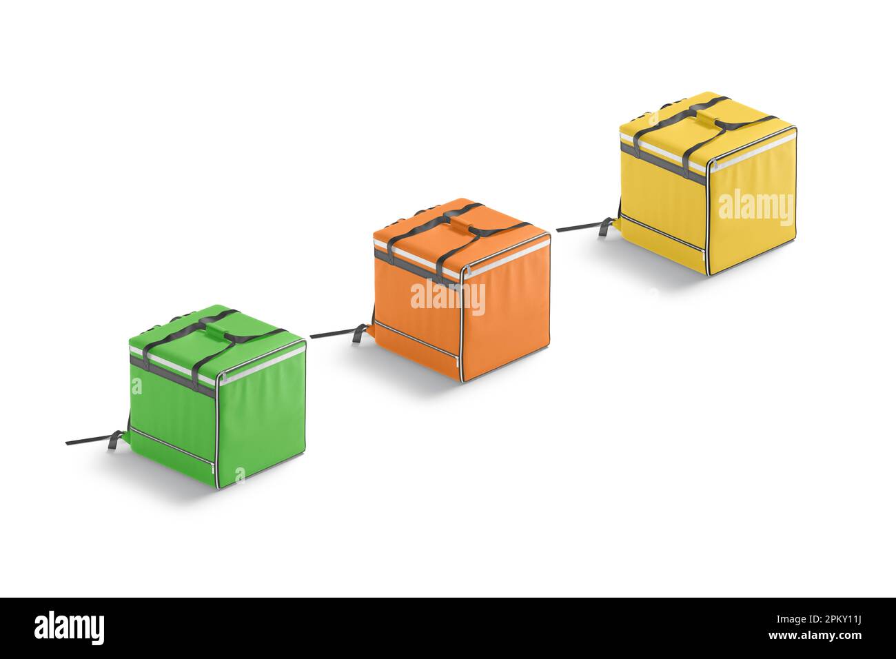 Modello di sacchetto di consegna colorato vuoto, vista laterale Foto Stock