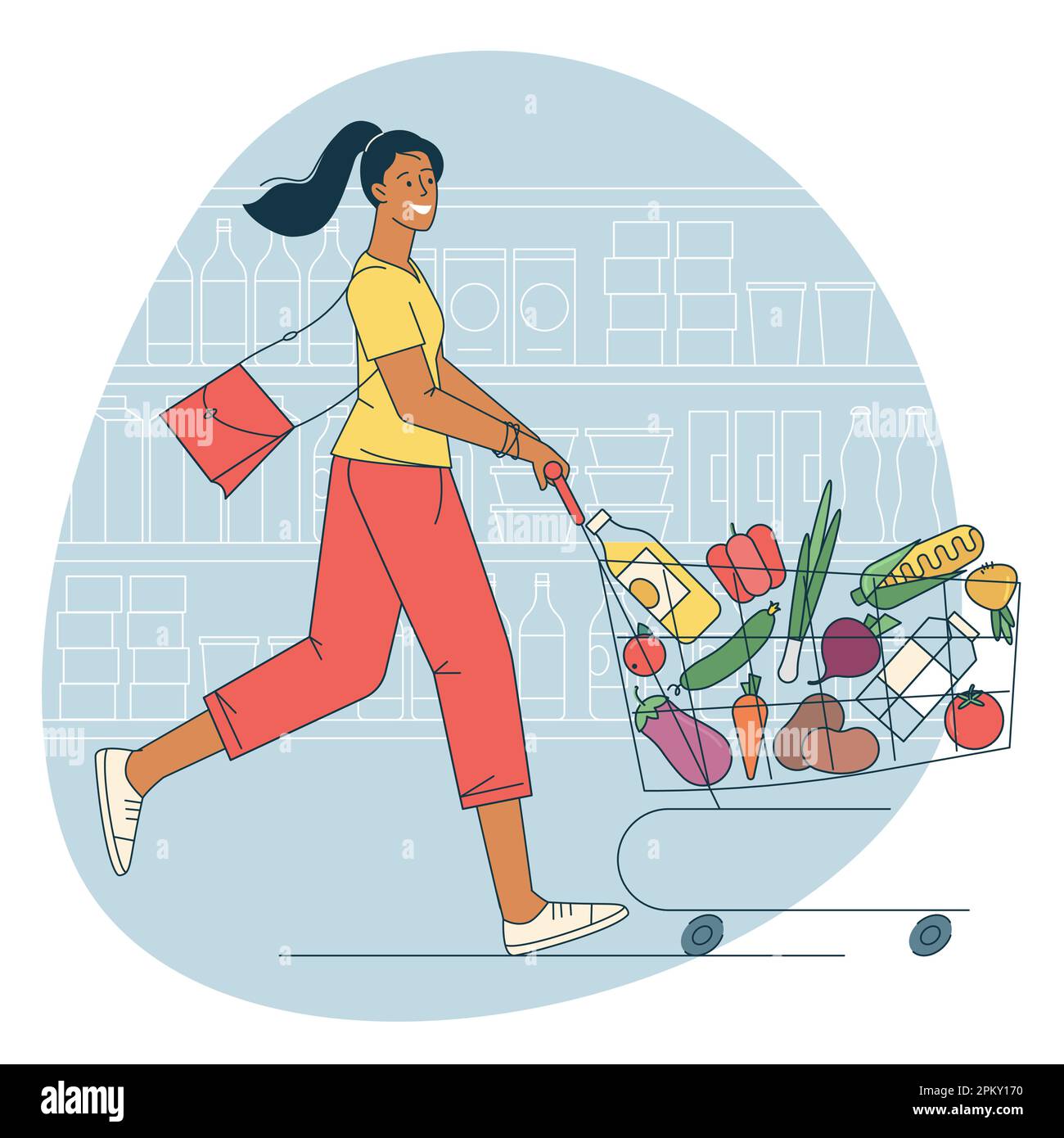 La giovane donna è con il carrello di shopping Illustrazione Vettoriale