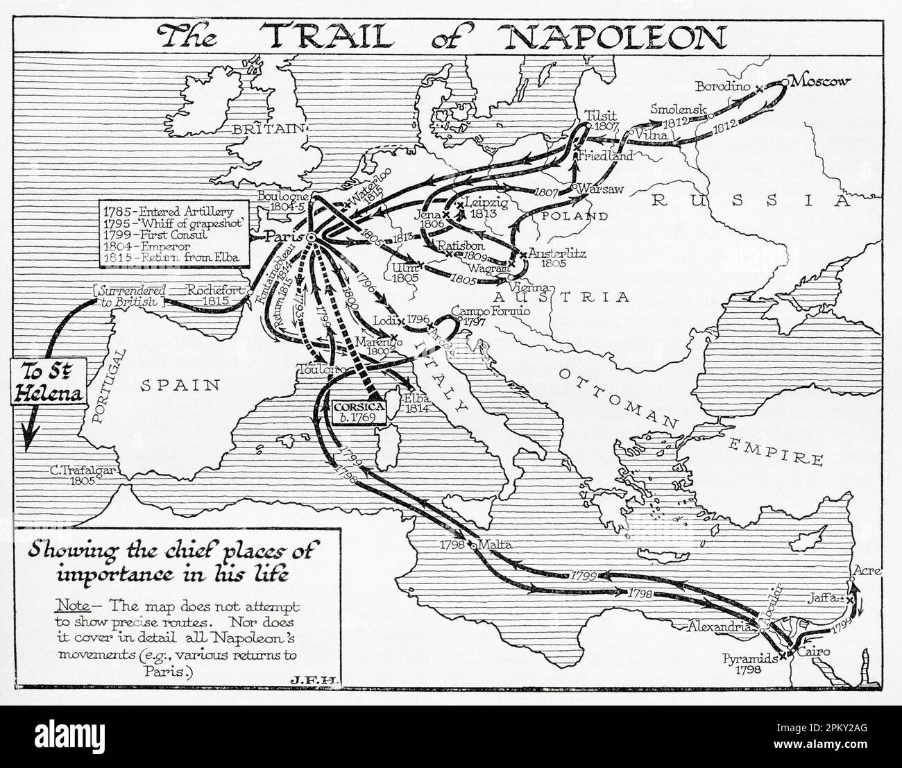 Mappa che mostra il sentiero di Napoleone, 1785-1815. Dal libro Outline of History di H.G. Wells, pubblicato nel 1920. Foto Stock