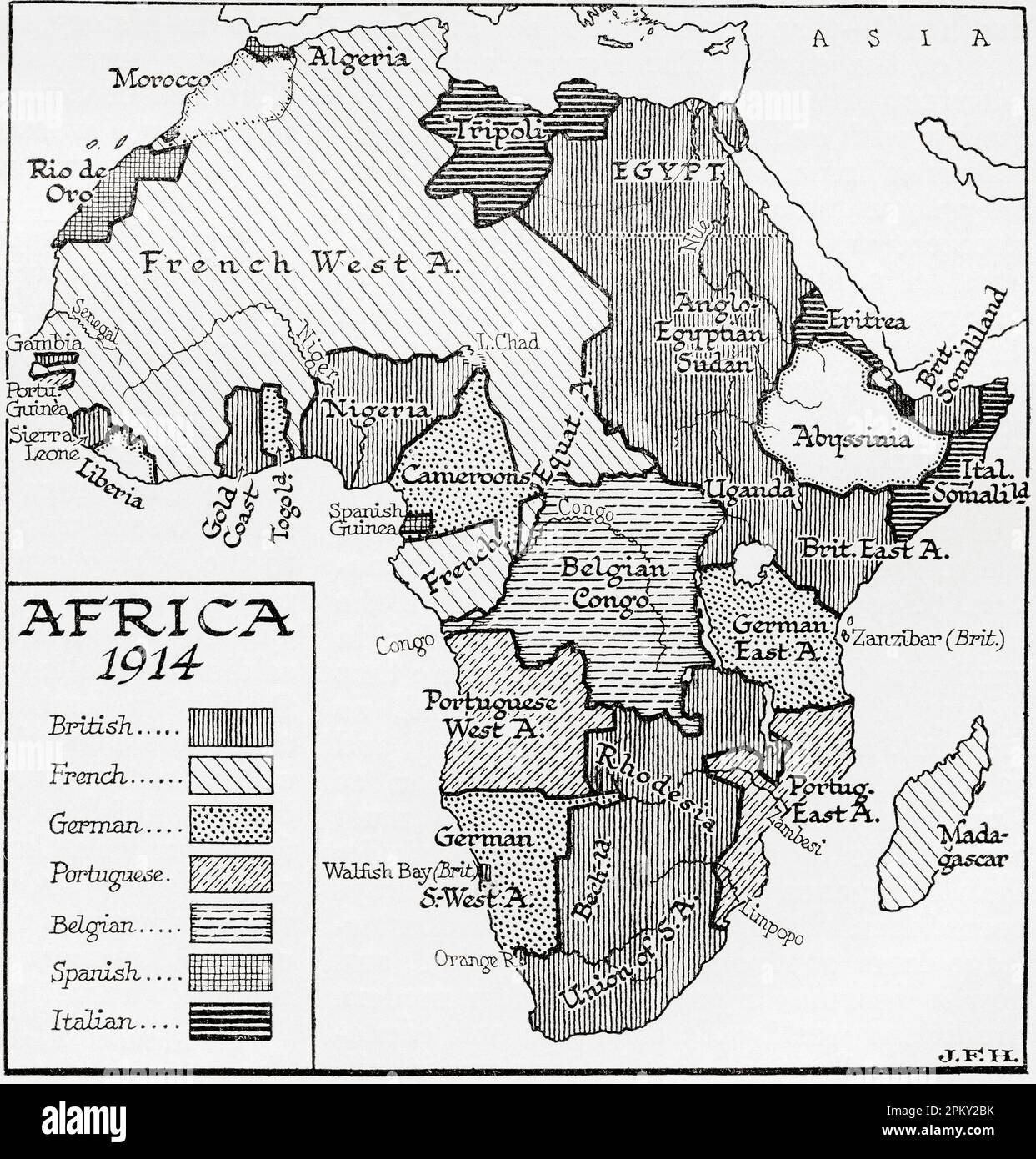 Mappa dell'Africa nel 1914. Dal libro Outline of History di H.G. Wells, pubblicato nel 1920. Foto Stock