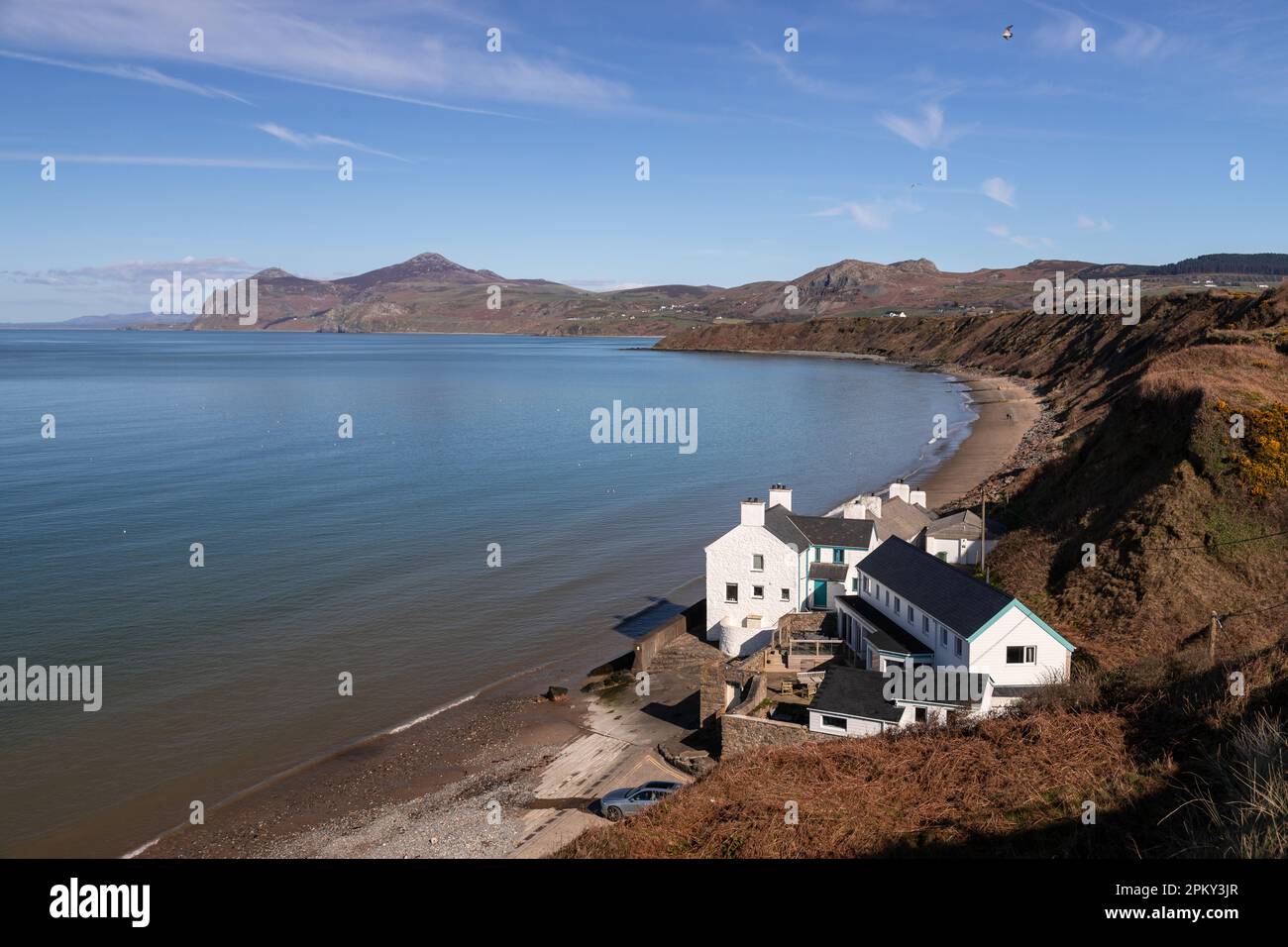 Cottage a Morfa Nefyn sulla penisola di Llyn, costa del Galles del Nord Foto Stock