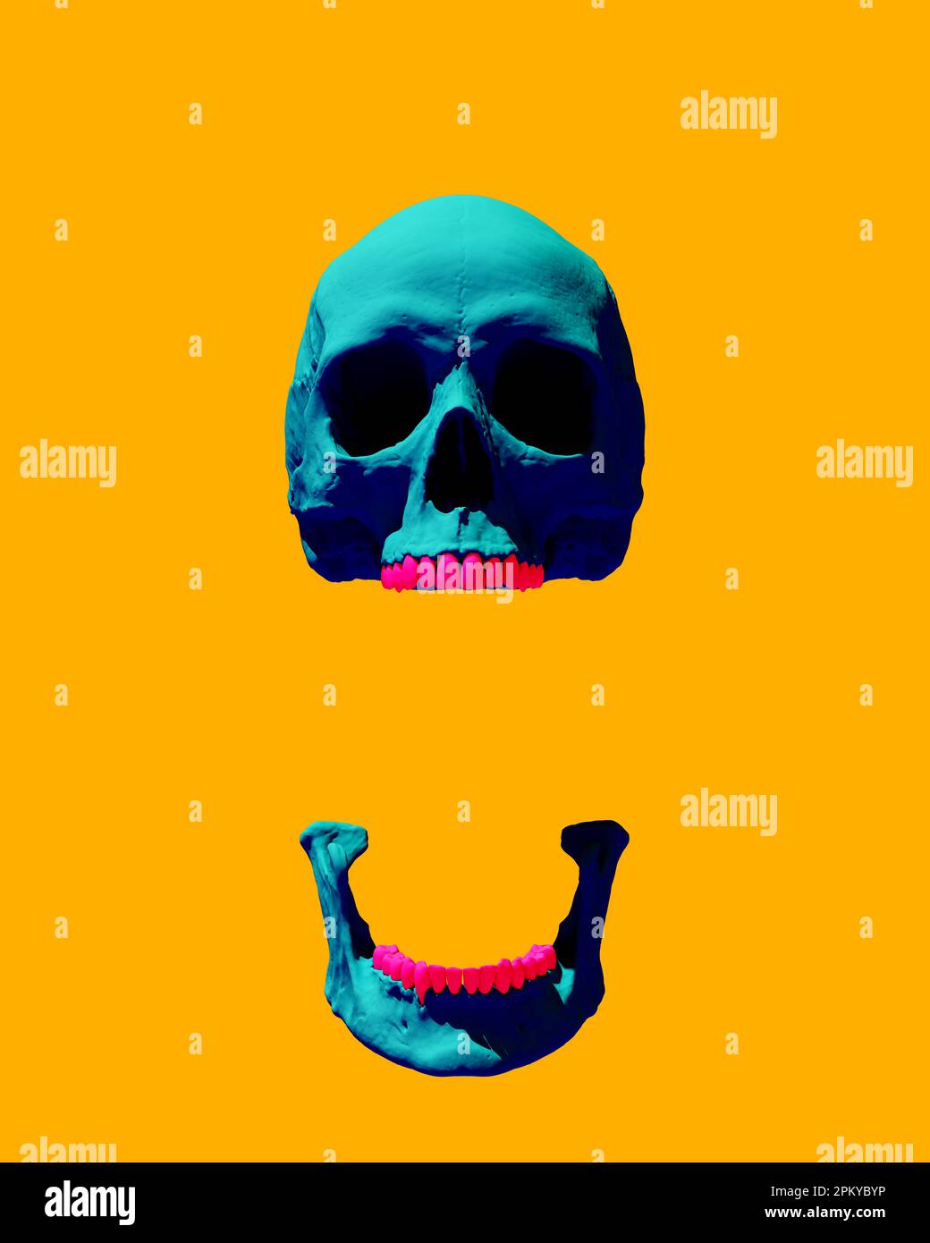 Cranio ganascia galleggiante blu rosa denti giorno Sunny giallo sfondo alto contrasto Gen Z Kitsch stile 3D illustrazione rendering digitale Foto Stock