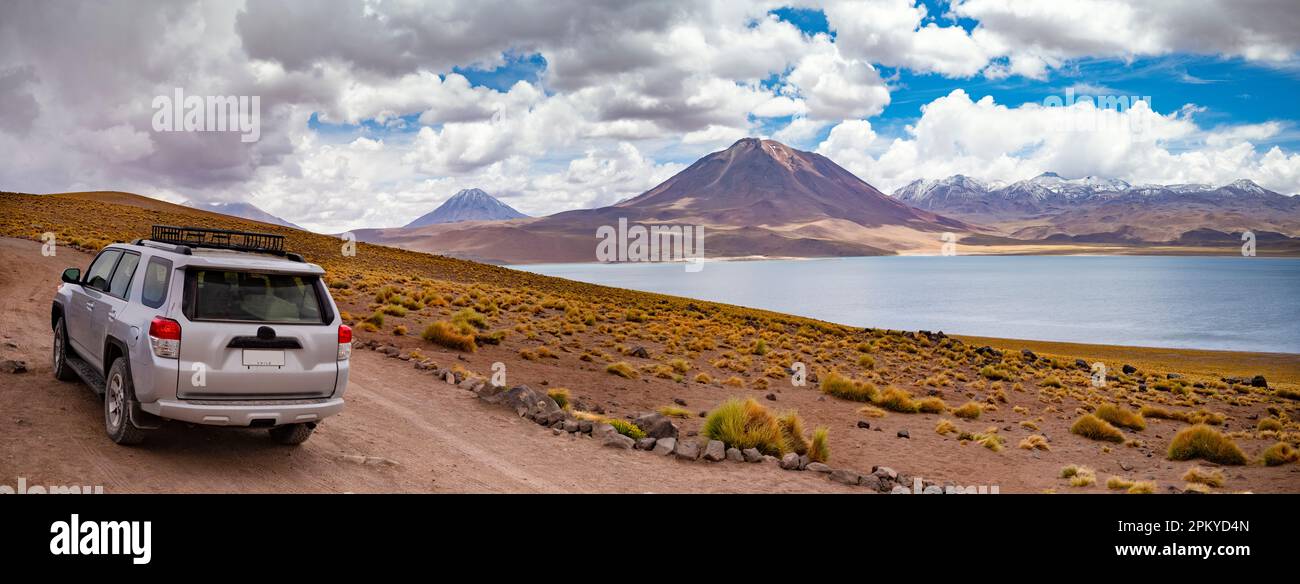 4x4 su una pista a Laguna Miscanti, alto Altiplano, deserto di Atacama. Foto Stock