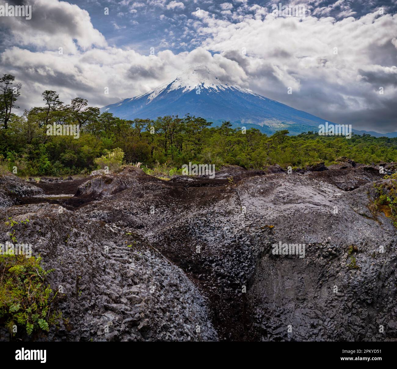 Flusso di lava solidificato dal Monte Osorno durante una precedente eruzione, visto alle cascate Petrohué, Saltos de Petrohue, Los Lagos, Cile Foto Stock