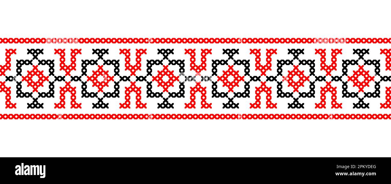 Ricamo ucraino bordo modello in rosso e nero. Pixel art, vyshyvanka, punto a croce. Popolo ucraino, modello di confine vettoriale etnico Illustrazione Vettoriale