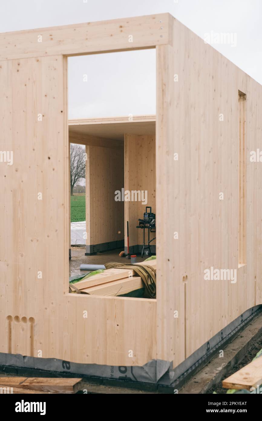 Scopri la bellezza e la sostenibilità di una moderna struttura CLT con questa splendida immagine. Con legno laminato a croce. Foto Stock