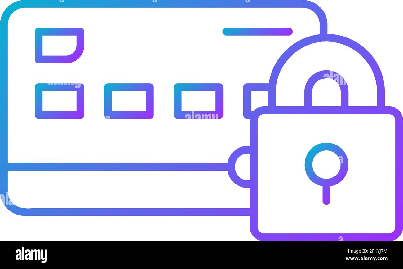 Carta di credito con lucchetto, pagamenti sicuri, carta di credito sicura gradiente icona lineare. Shopping, online banking, finanza simbolo design. Illustrazione Vettoriale