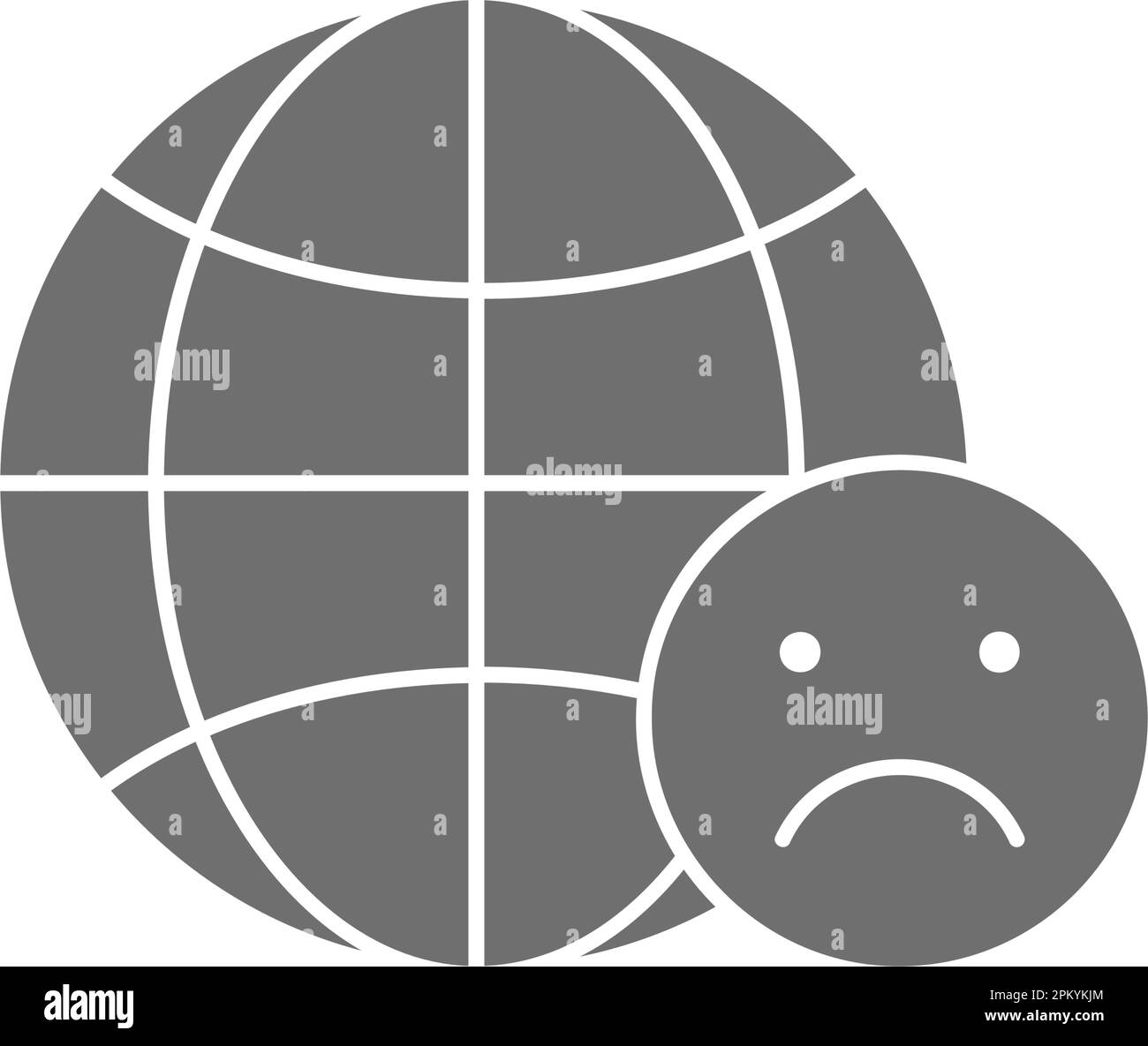 Globo della terra con icona di riempimento grigio del volto triste. Tecnologia globale, internet, design simbolo di social network. Illustrazione Vettoriale