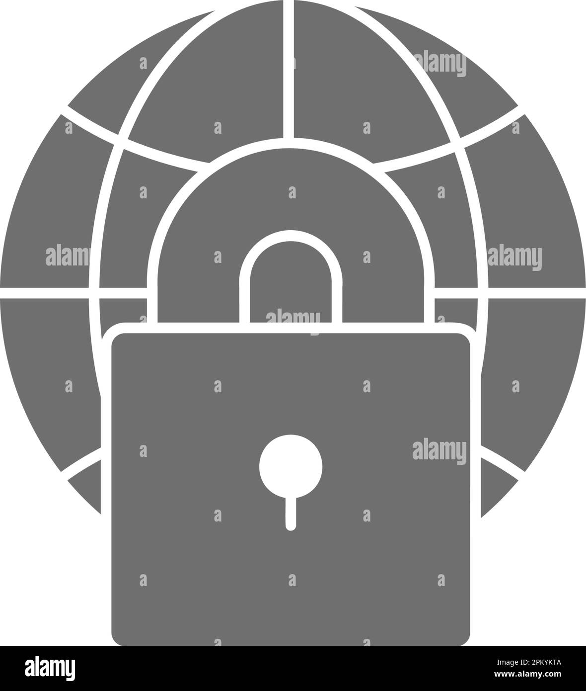 Terra del globo con lucchetto, icona di riempimento grigio del lucchetto del mondo. Tecnologia globale, internet, design simbolo di social network. Illustrazione Vettoriale