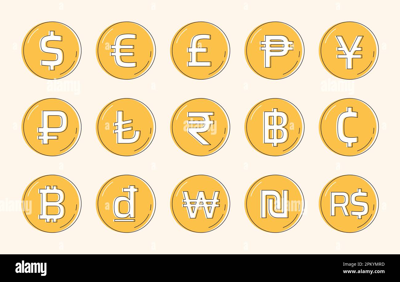 Set di simboli e cartelli per il cambio valuta internazionale. Le monete più popolari del mondo. Illustrazione vettoriale Illustrazione Vettoriale