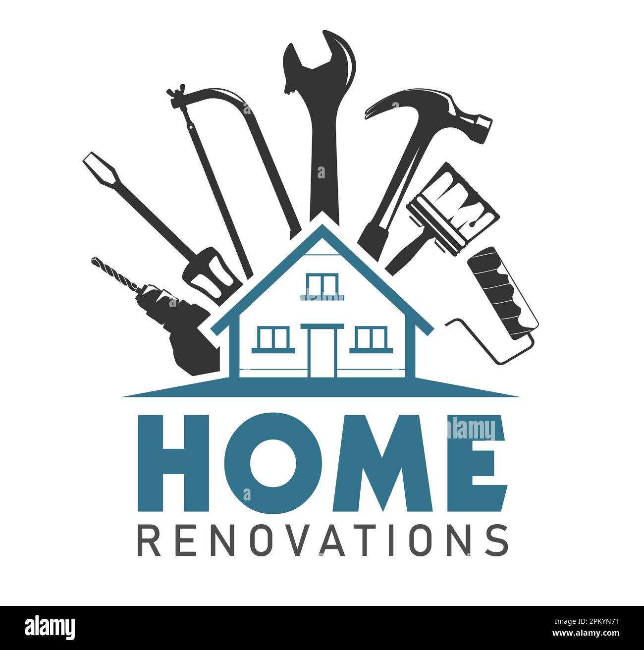 home ristrutturazioni - logo concettuale con una casa e gli strumenti necessari per la ristrutturazione delle case Foto Stock