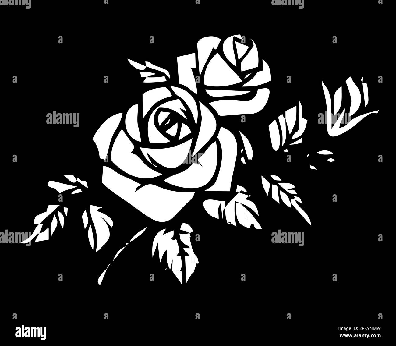contorno bianco di un fiore di rosa su sfondo nero, logotipo, design monocromatico Foto Stock
