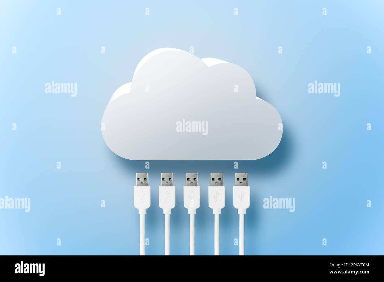 Sistema di archiviazione su cloud bianco con cavi USB di diversi dispositivi collegati su sfondo blu Foto Stock