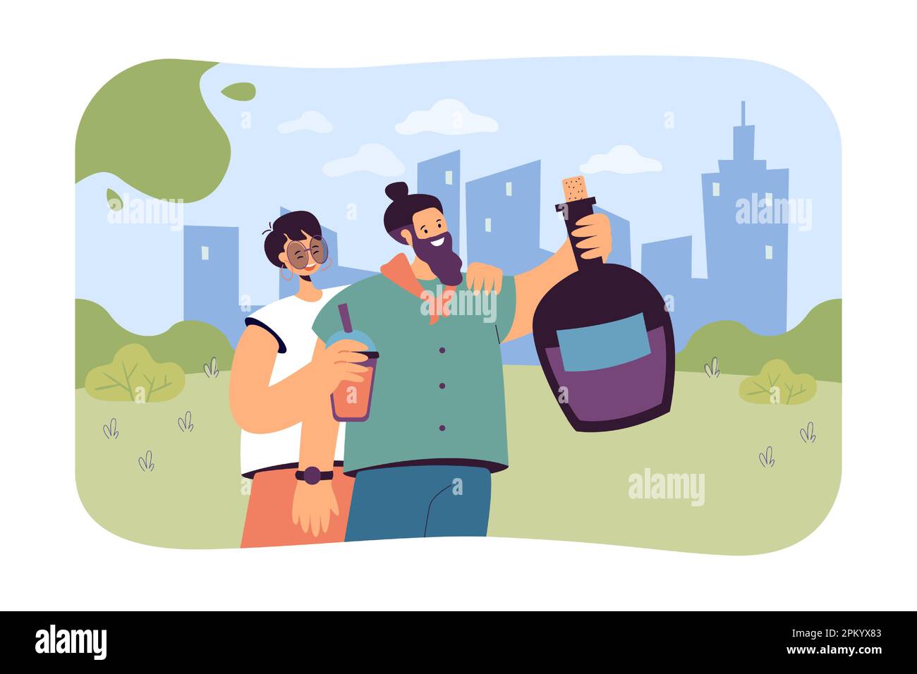 Coppia felice bevendo i cocktail nel vettore piano parco illustrazione Illustrazione Vettoriale