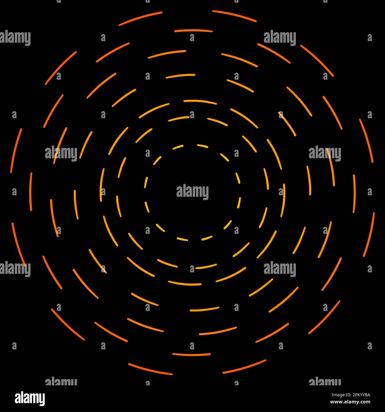 Cerchi concentrici tratteggiati arancioni e gialli su sfondo nero Foto Stock