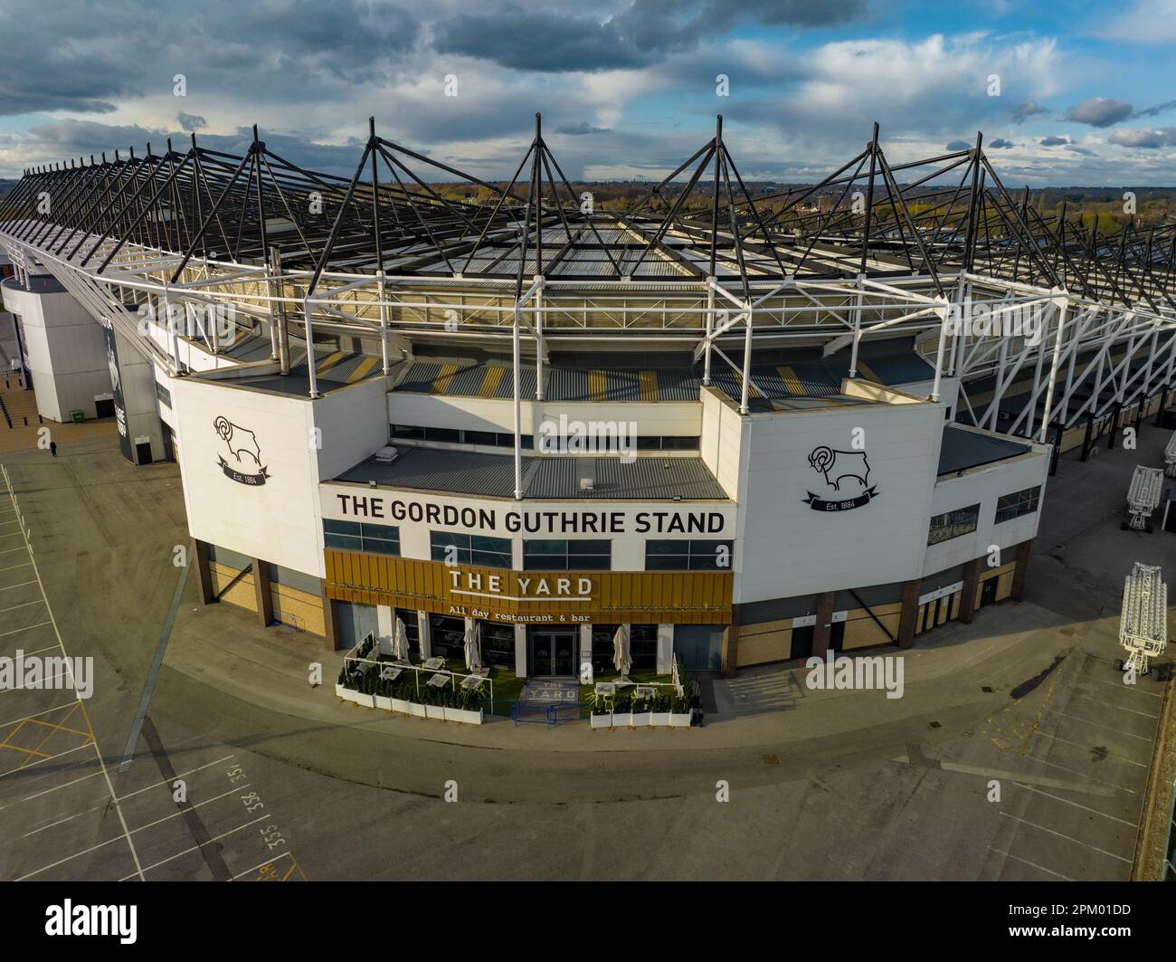 Vista aerea di Pride Park Derby, sede del Drone del Derby County Football Club di Wayne Rooney Foto Stock