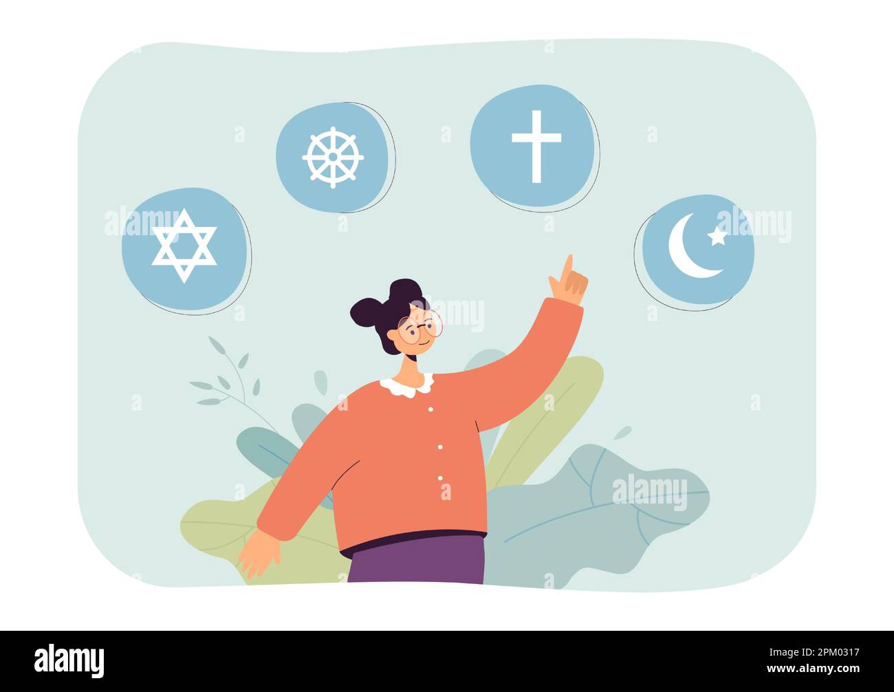 Cartoon ragazza che punta a simboli di diverse religioni Illustrazione Vettoriale
