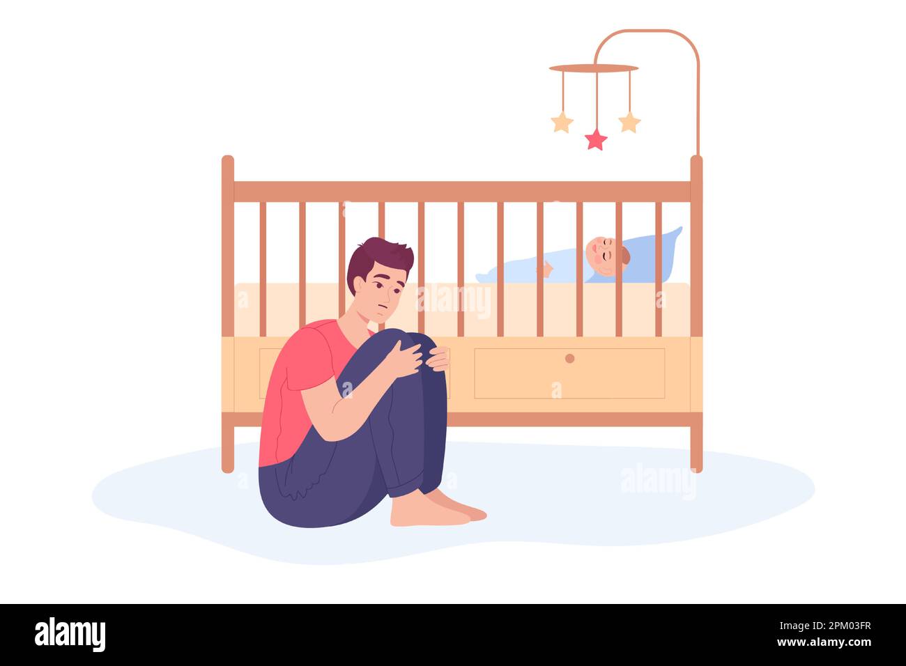 Un padre stanco seduto accanto al neonato che dorme nella culla Illustrazione Vettoriale