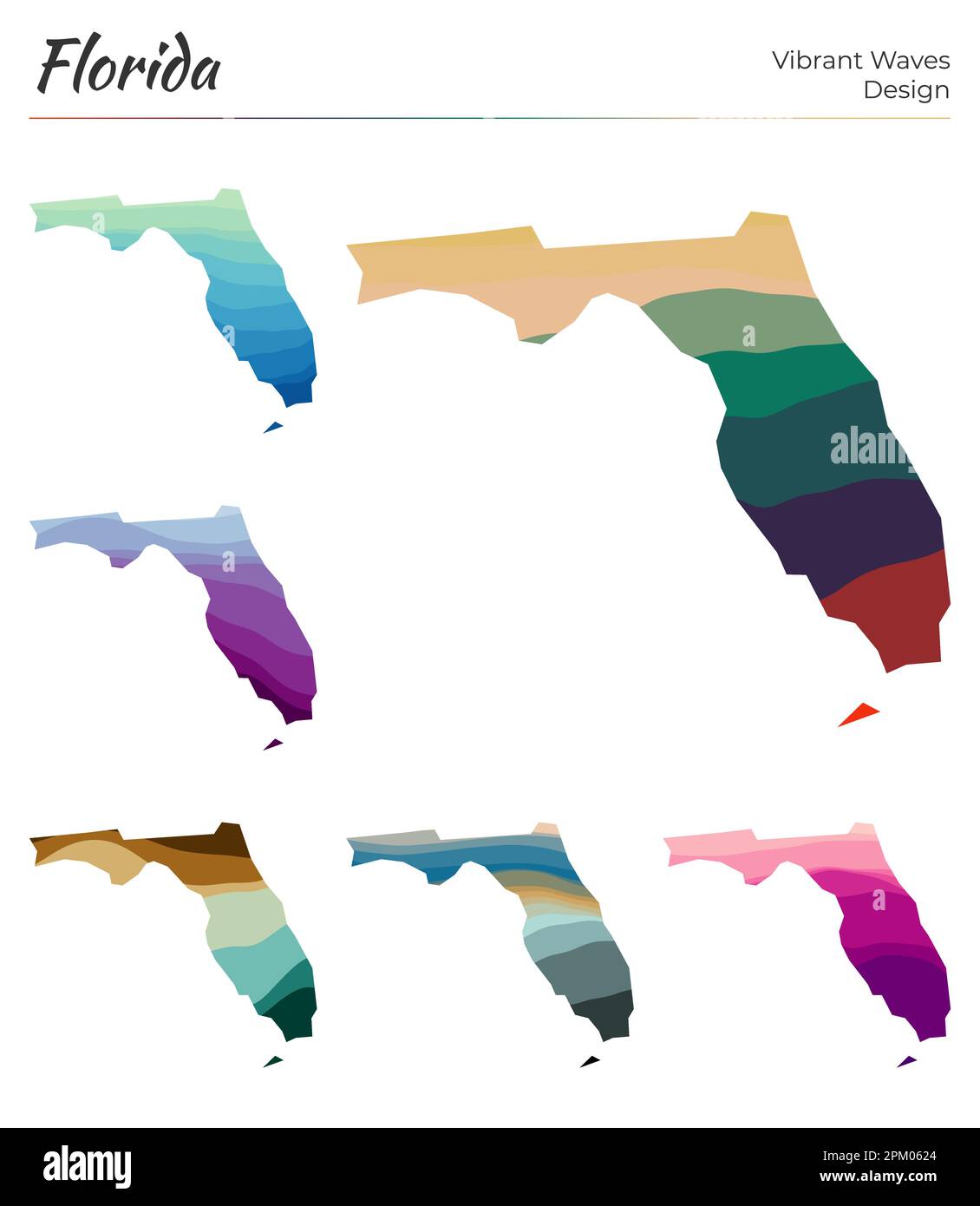 Serie di mappe vettoriali della Florida. Design dalle onde vibranti. Mappa luminosa dello stato degli Stati Uniti in stile geometrico con curve uniformi. Illustrazione Vettoriale