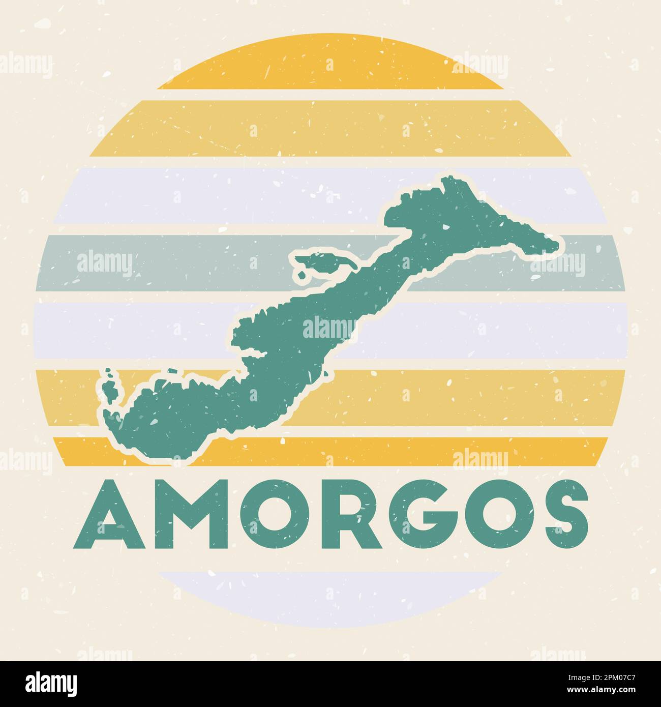 Logo Amorgos. Firma con la mappa dell'isola e strisce colorate, illustrazione vettoriale. Illustrazione Vettoriale