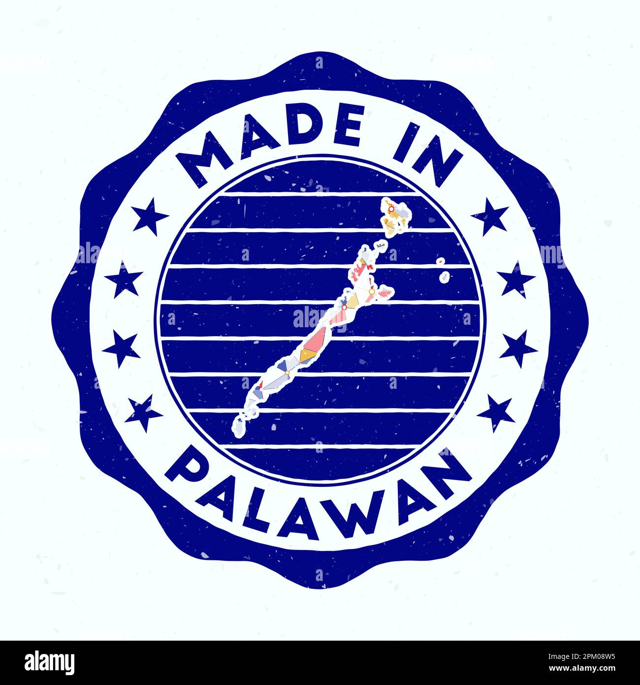 Fabbricato a Palawan. Francobollo rotondo dell'isola. Sigillo di Palawan con forma di bordo. Badge vintage con testo circolare e stelle. Illustrazione vettoriale. Illustrazione Vettoriale