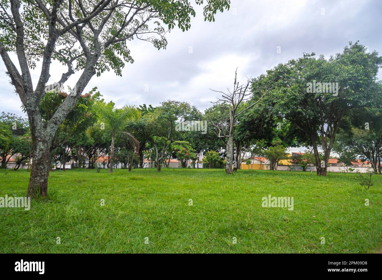 Semplice piazza in una giornata nuvolosa con un sacco di verde. Foto Stock