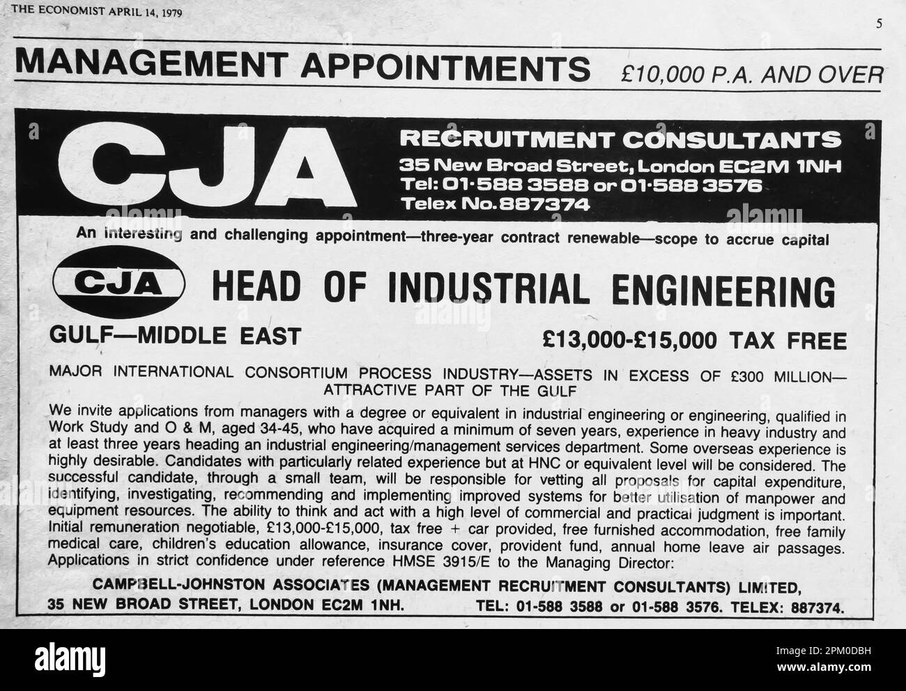 Il responsabile dell'ingegneria industriale di CJA Medio Oriente aveva bisogno di un annuncio di reclutamento in una rivista britannica 1975 Foto Stock