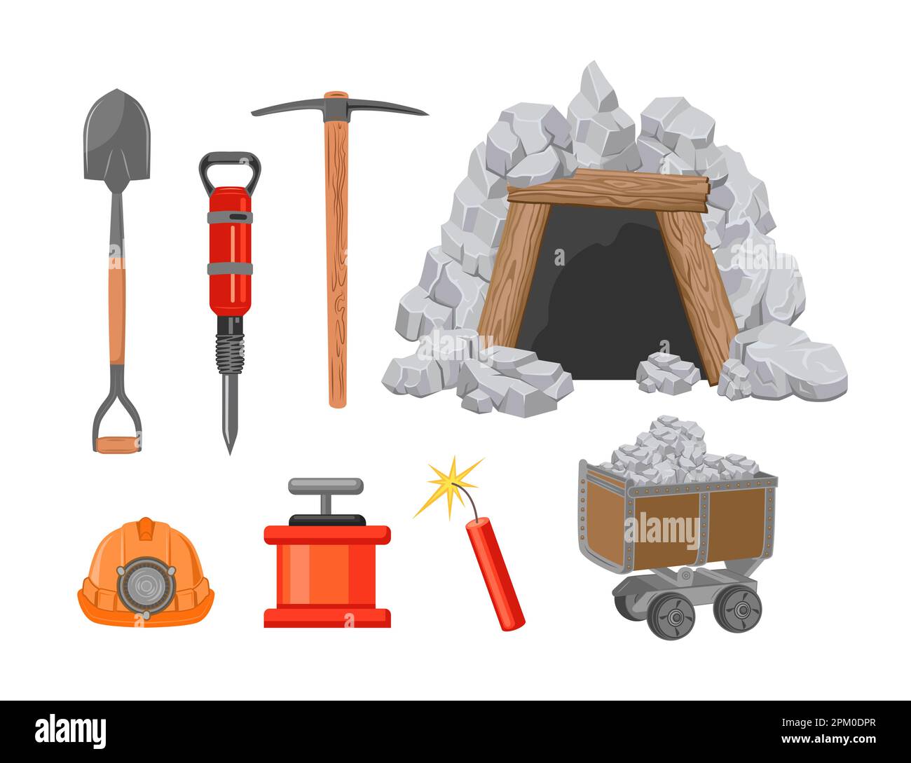 Set di illustrazioni cartoni animati per strumenti di esplosione delle miniere colorate Illustrazione Vettoriale