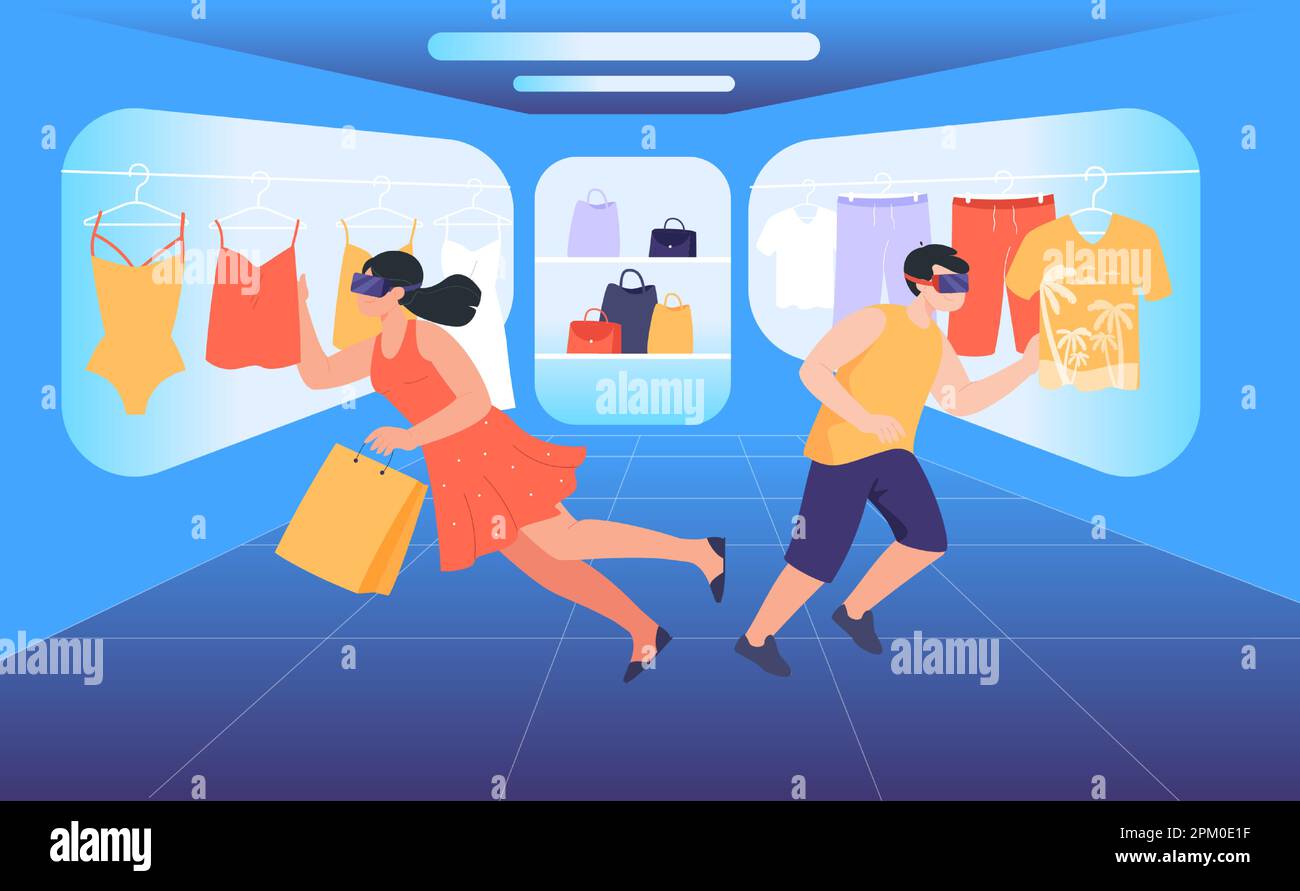 Uomo e donna in occhiali VR che comprano vestiti Illustrazione Vettoriale