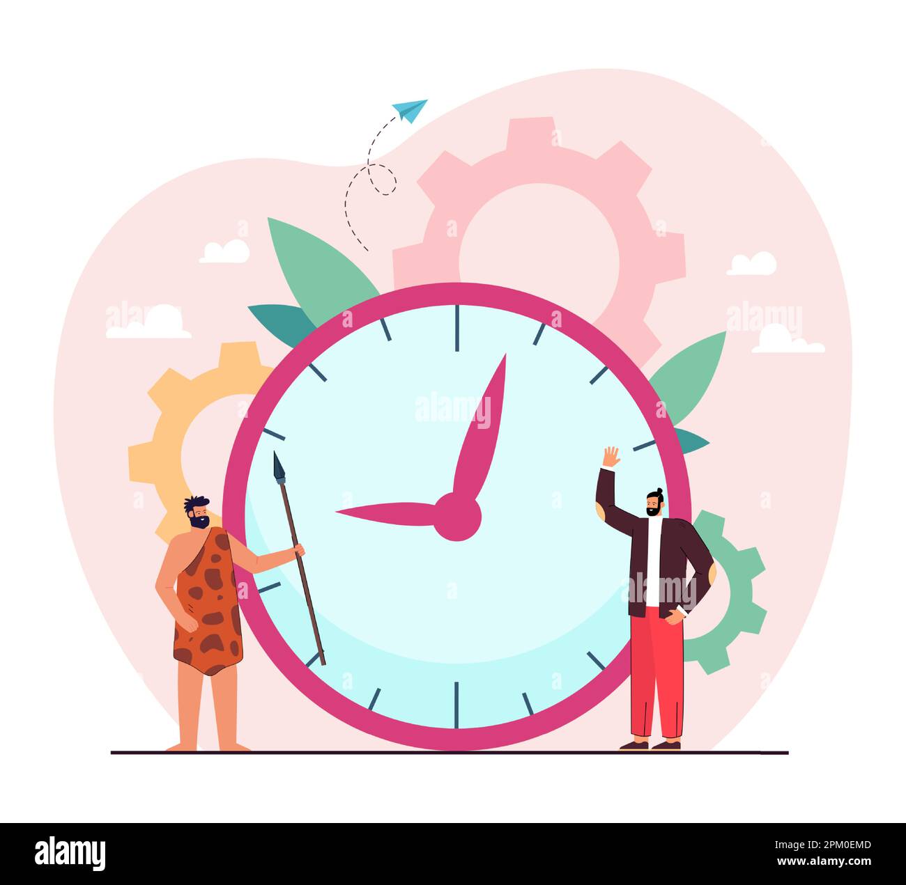 Età della pietra e uomo moderno in piedi accanto a un enorme orologio Illustrazione Vettoriale