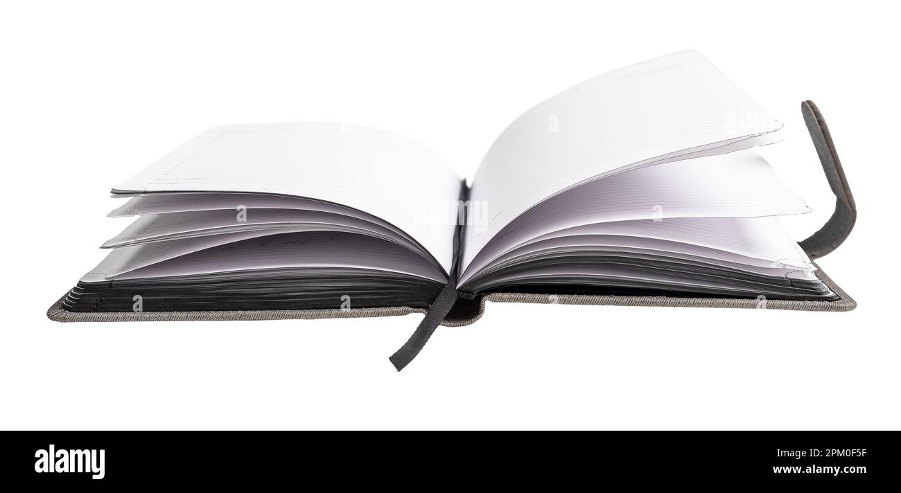 Apri il blocco note, il libro delle note, la carta dell'ufficio con il segnalibro a nastro isolato sul bianco. Foto Stock