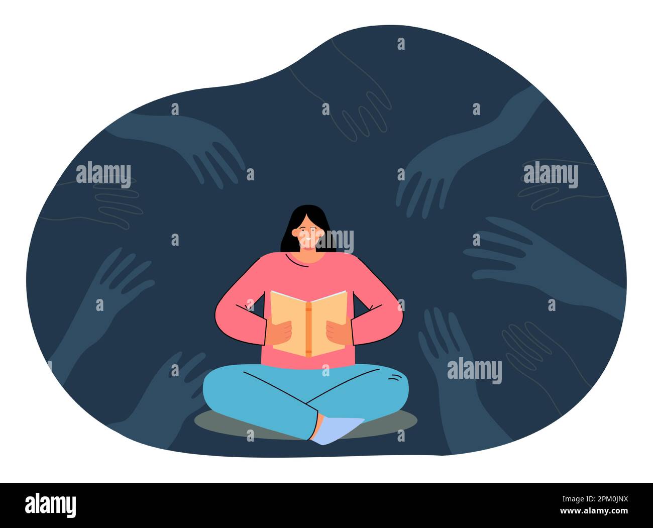 Le mani creepy che raggiungono per la donna del cartone animato che legge le storia spaventose Illustrazione Vettoriale