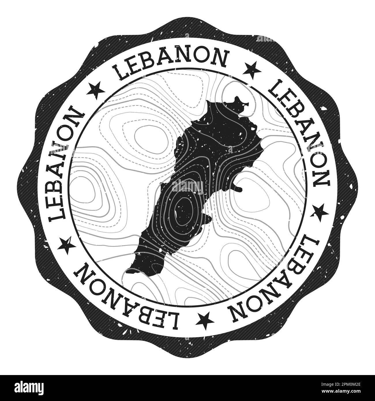 Francobollo all'aperto in Libano. Adesivo rotondo con mappa del paese con isoline topografiche. Illustrazione vettoriale. Illustrazione Vettoriale