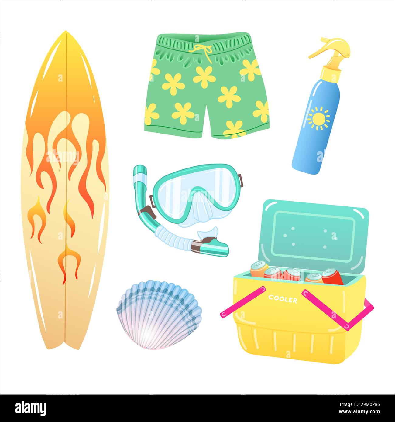 Set di illustrazioni vettoriali di accessori estivi per la spiaggia. Tavola da surf, maschera da bagno, costume da bagno, refrigeratore, crema solare, seashell Illustrazione Vettoriale