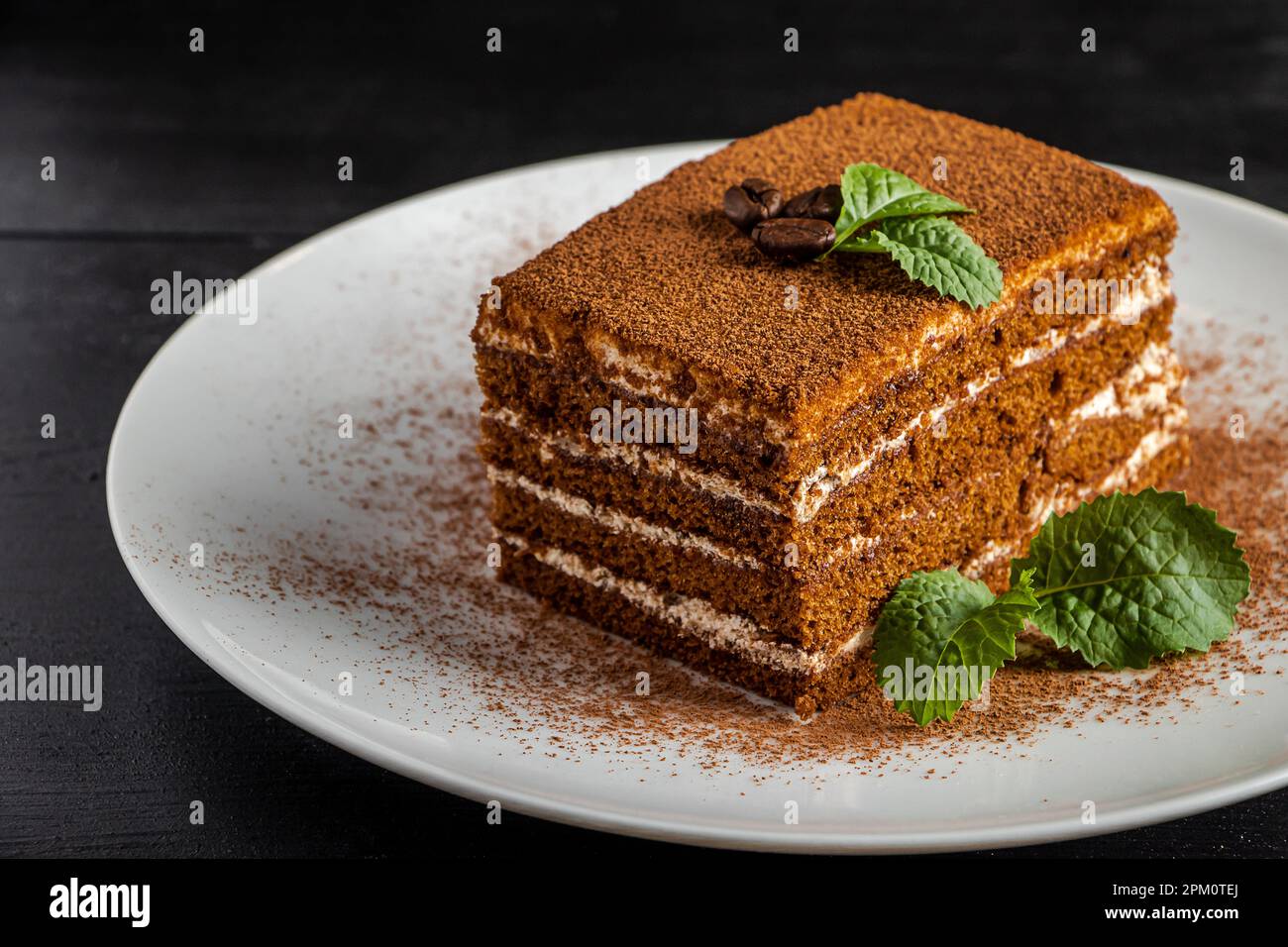 Tiramisù dessert italiano su sfondo scuro. Fetta di torta di caffè su piatto bianco. Dolce vegetariano decorato con foglie di menta. Foto Stock
