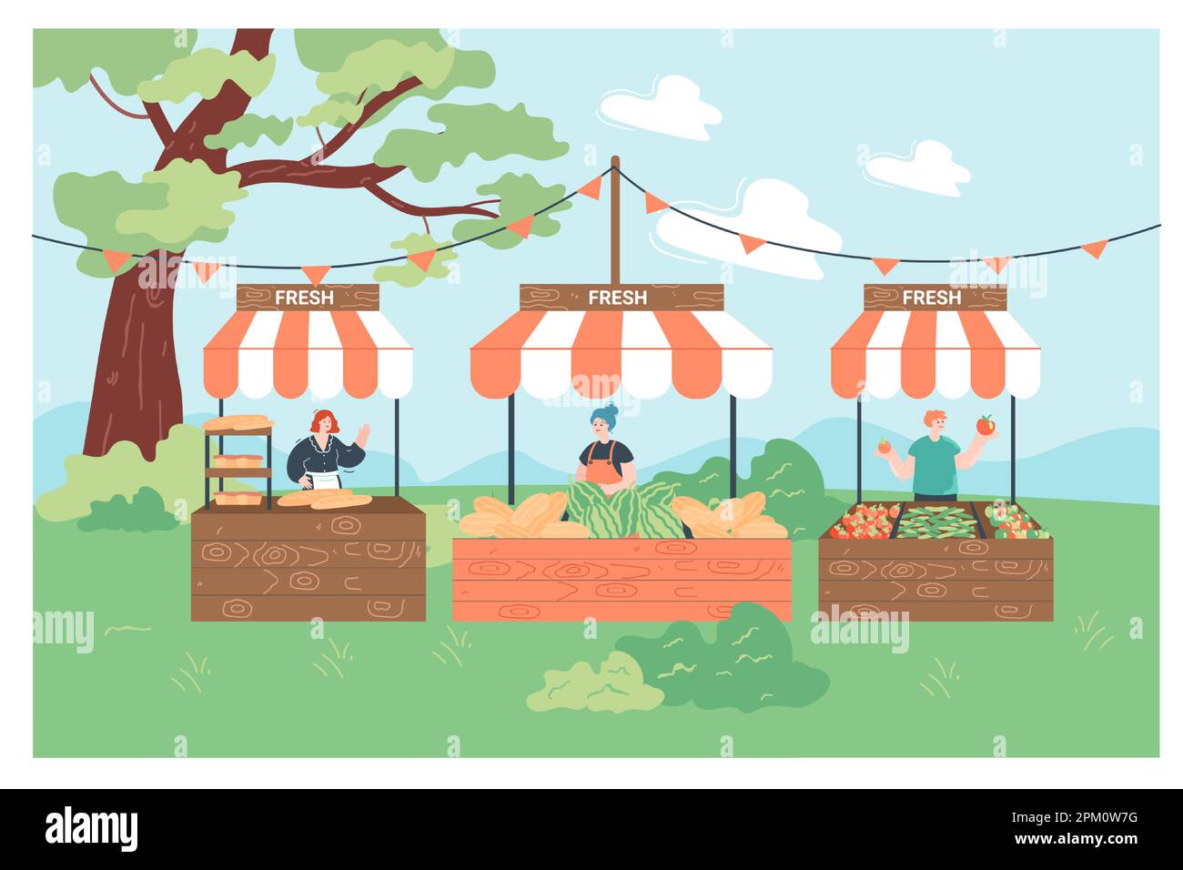 Mercato cittadino locale per verdure fresche, frutta e dolci Illustrazione Vettoriale